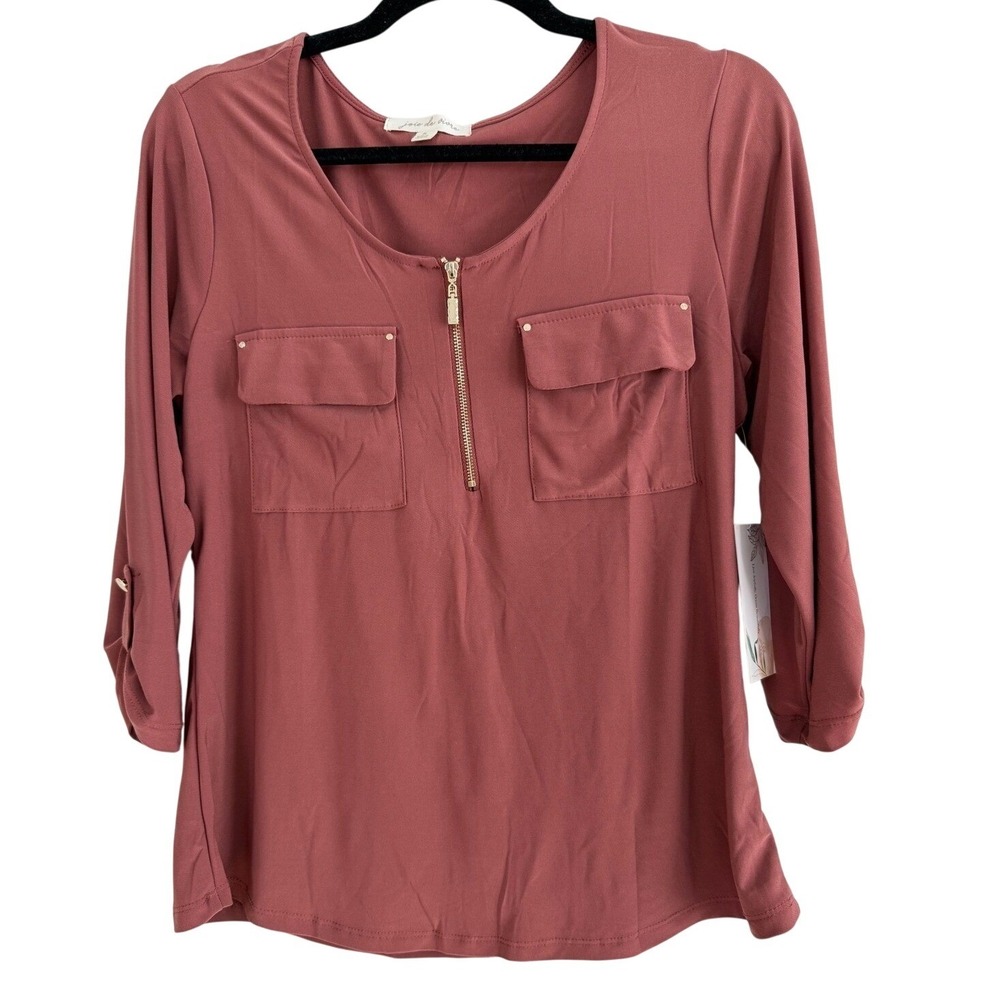 Joie de Vivre Mauve Utility Blouse Zip Neck 3/4 Sleeve‎ Gorpcore Chic NWT S